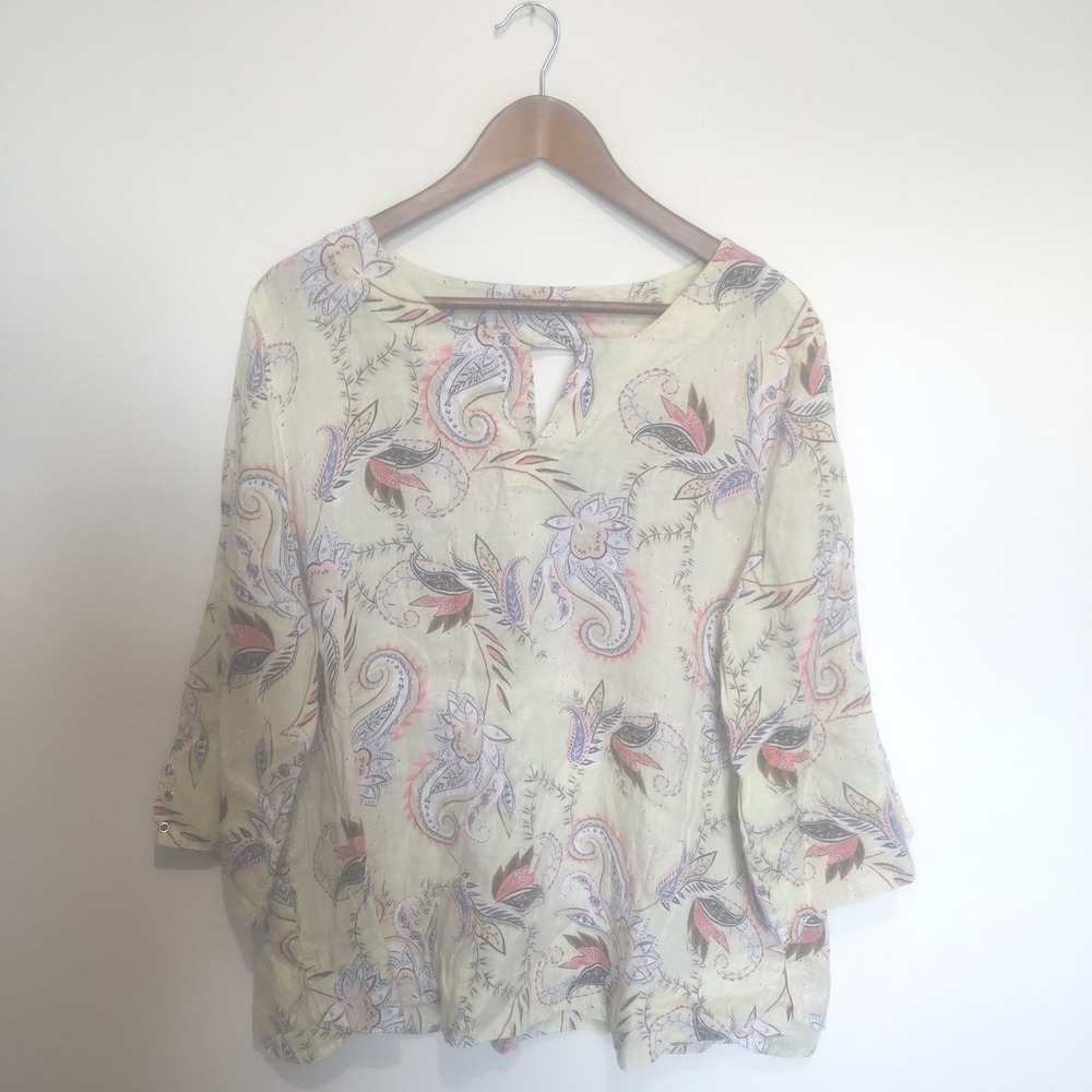 J. Jill Love Linen Top Women Large Paisley 3/4 Sleeve Boho Coastal